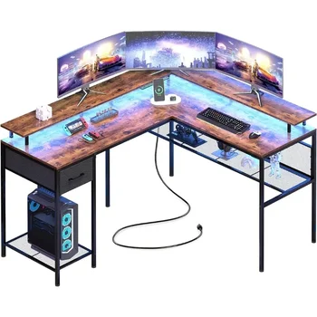 Kujundanud Laua Arvuti Laud koos LED Tuled & pistikupesad, Mängude Laud koos laoriiulid, Nurgas Laud Home Office Desk