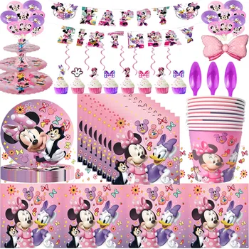Lilla Minnie Mouse Teema Tüdruk Sünnipäeva Asjade Piilupart Donald Plaat Kid Sünnipäeva Teenetemärgi Ühekordsed Nõud Komplekt