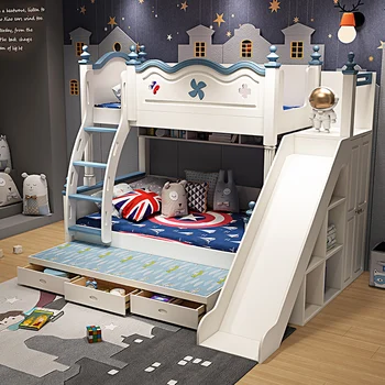 Multi-funktsionaalne puidust voodi koos ülemise ja alumise narid, kahe-korruseline suure ja väikese voodi, täispuidust ema voodi