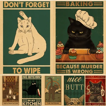 Must Kass, Jõupaber Plakat Cute Cartoon Plakatid Seina Art Maali Kodu Kaunistamiseks Pilte Vintage Naljakas Lemmikloomad Seina Kleebised
