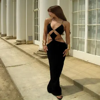 Naiste Sügis Uus Must Suspender Seelik Seksikas Õõnes Backless Metallist Aasa Disain kokteiliefekti Kleit Mereäärne Puhkus Rõivad