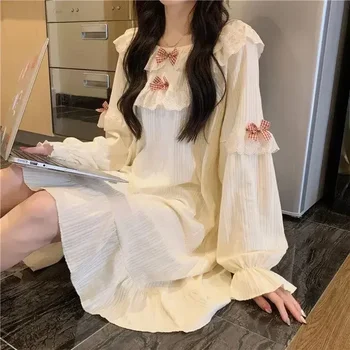 Naiste Varruka Korea Kodu Pits Ühe Öö 2023 Tööd Kaua Tahke Nightgowns Kanda Kleit Ruffle Pidžaama Sügisel Stiilis Sleepwear Vibu