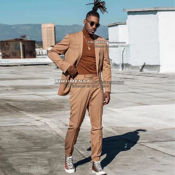 Pruun Meeste Ülikonnad Fashion Streetwear Smoking Topelt Karavan Jope&Püksid, 2 Tk Stiilne Lõuna-Aafrika Bleiserid Komplekti Kostüüm Homme