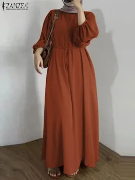 ZANZEA Naine, Mood Türgi Hijab Moslemi Kleit Puhvis Varrukad O-Kaeluse Sundress Elegantne Pool Sundress Vabaaja Dubai Pikk Vestidos